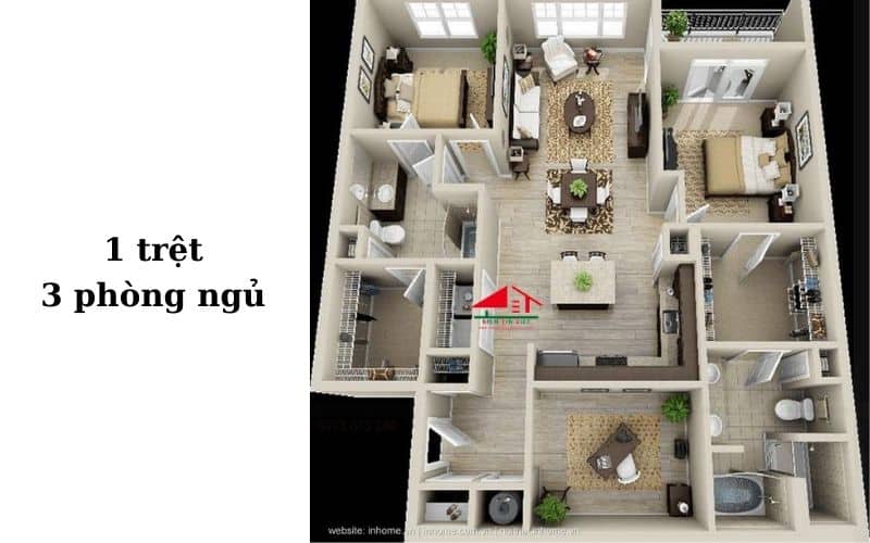 Mẫu nhà 1 tầng 3 phòng ngủ 