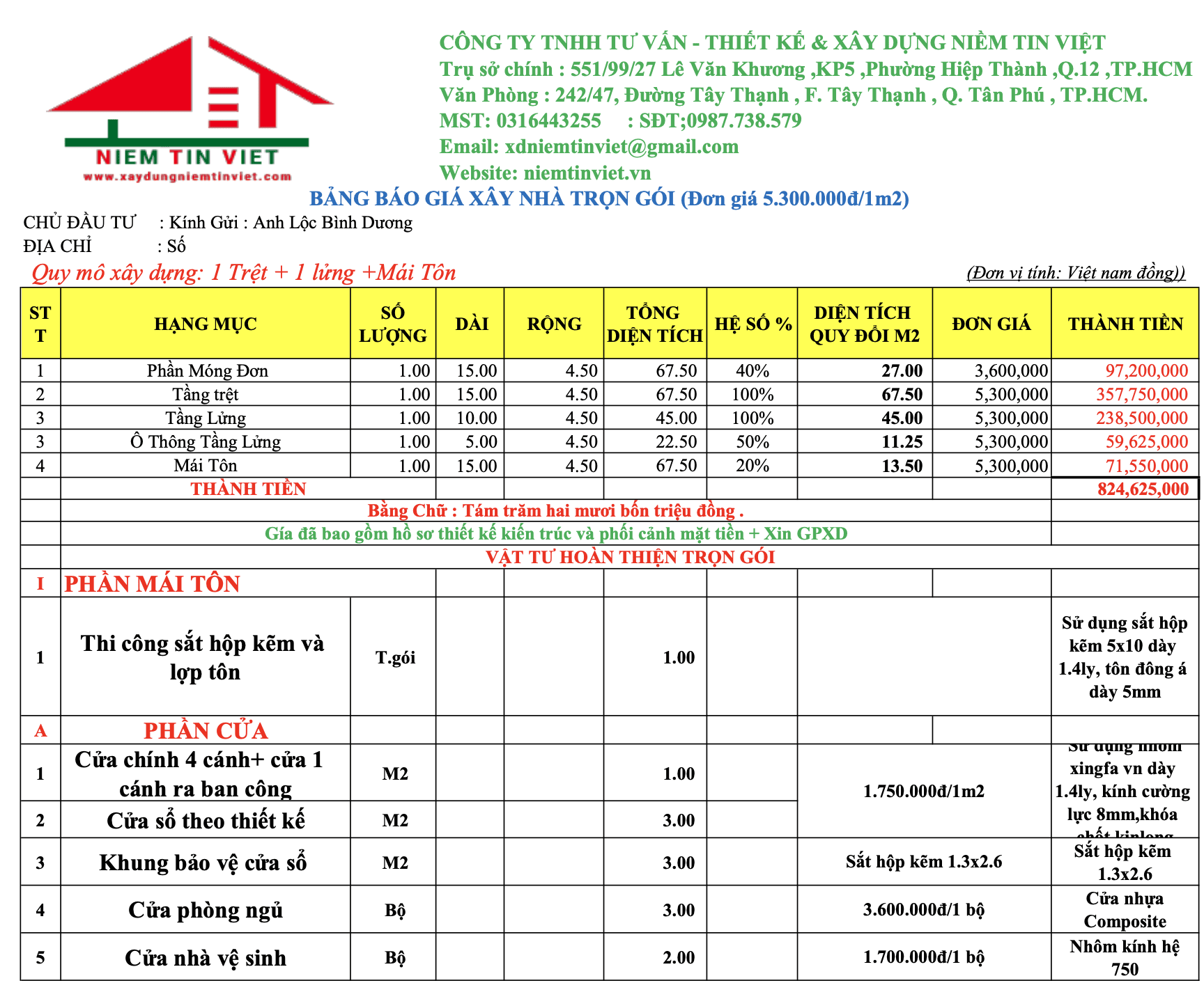 Ví dụ minh hoạ xây nhà trọn gói