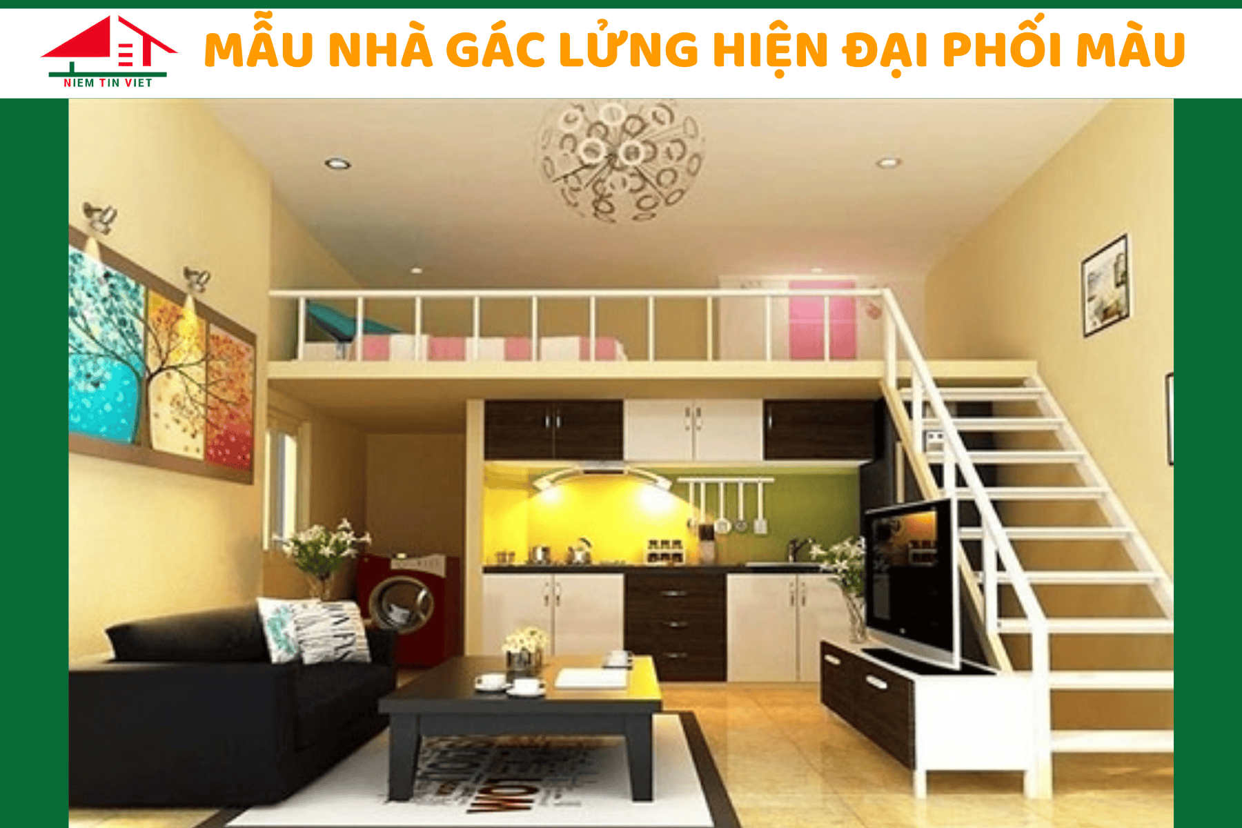 Xây nhà gác lửng 100 triệu - hiện đại phối màu 1