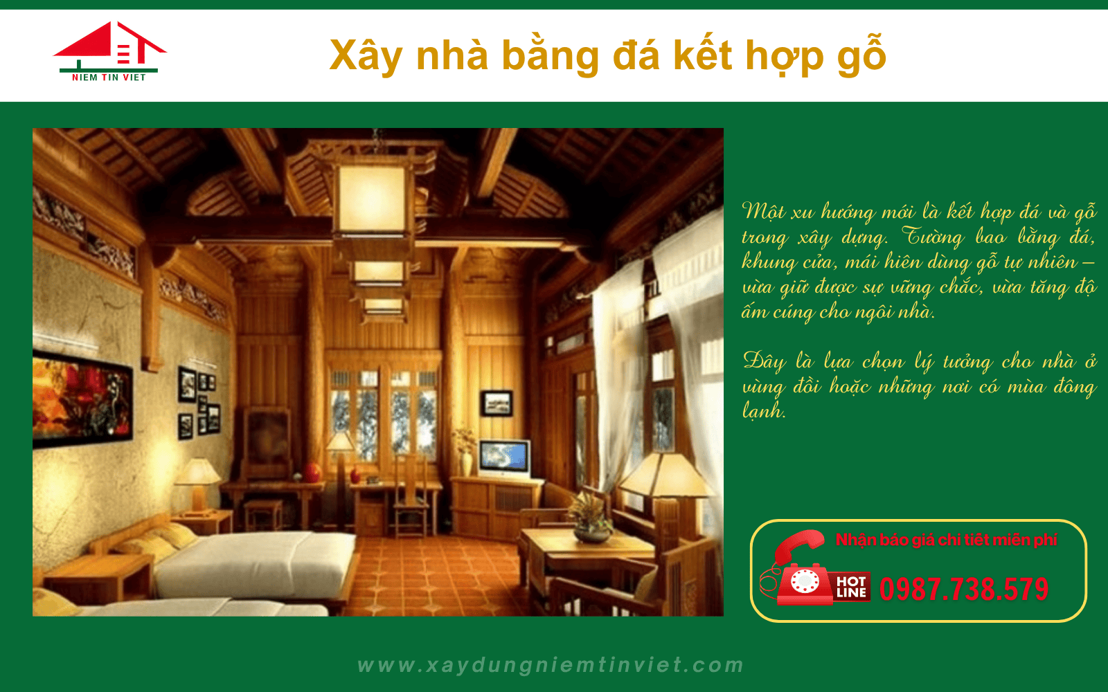 Xây nhà bằng đá - kết hợp ốp gỗ