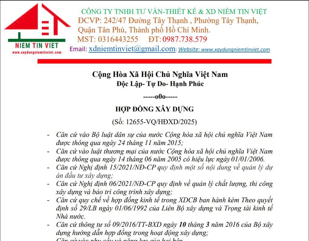 Mẫu hợp đồng xây nhà trọn gói