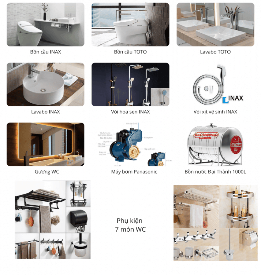 Hình ảnh thực tế thiết bị wc và nhà tắm được sử dụng trong các gói xây nhà
